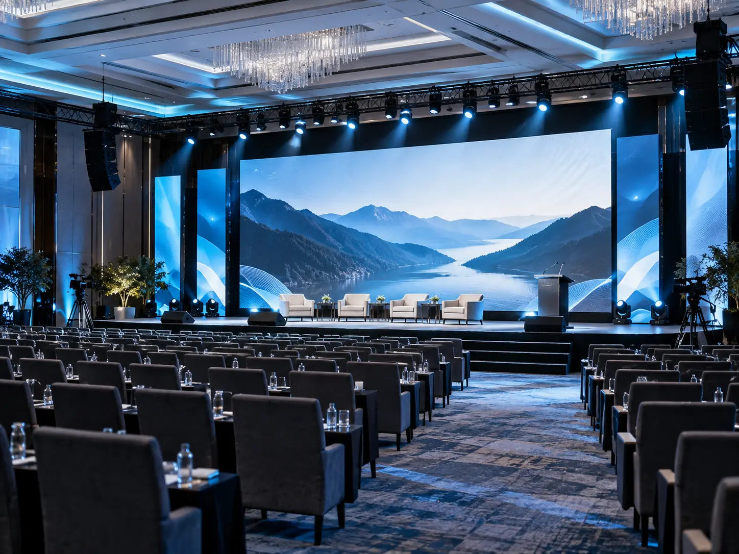 Modern conference hall with LED wall, stage lighting, sound and event seating